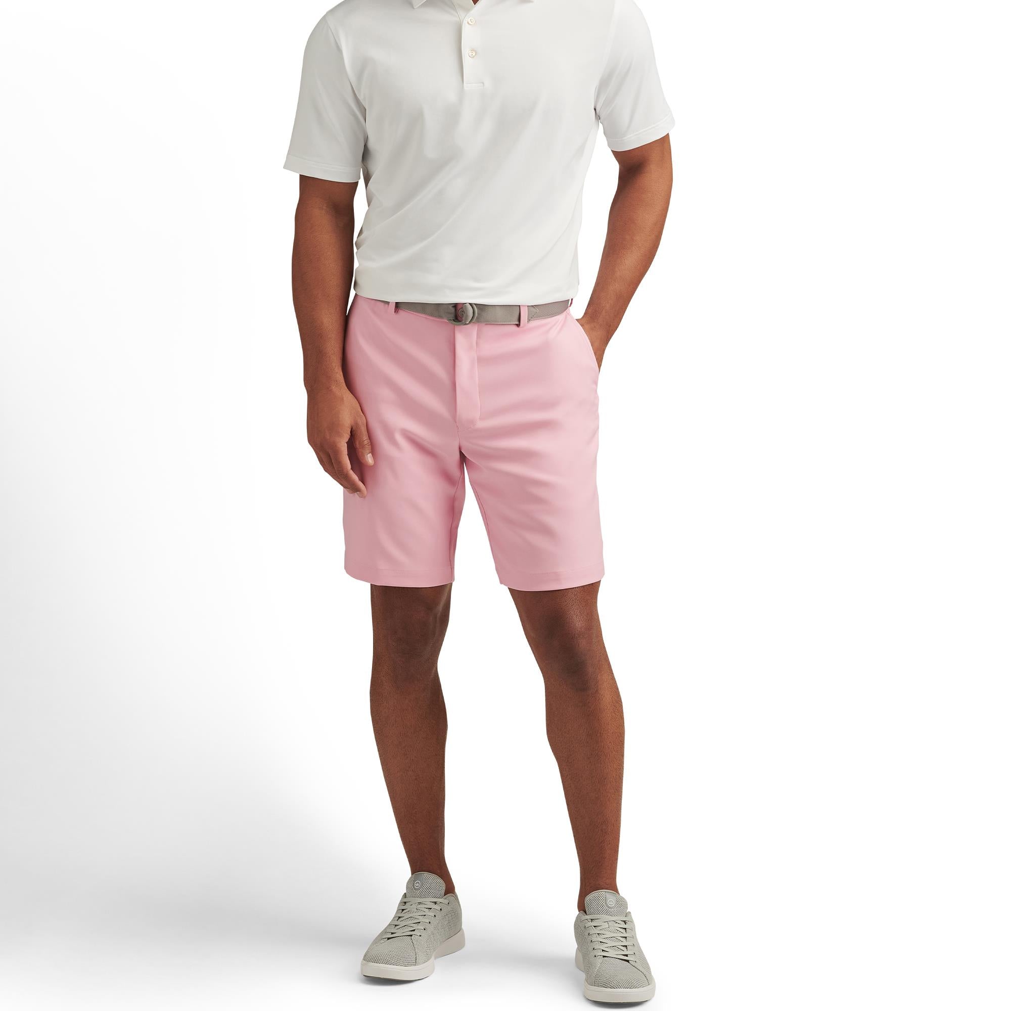 Model wearing Peter Millar Salem Shorts in Pink Vale – stylish mens golf shorts from Peter Millar golf clothing